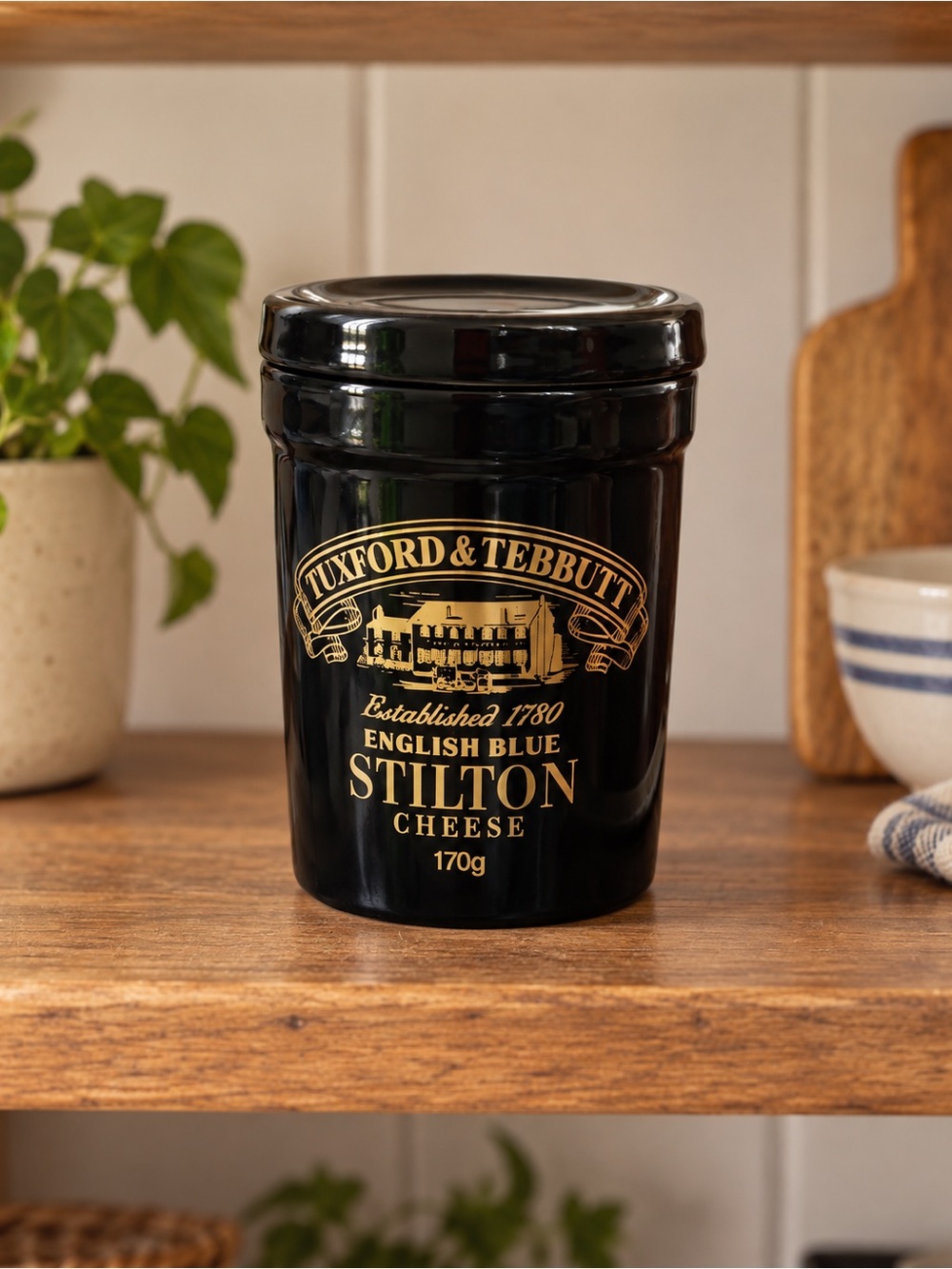 Tuxford & Tebbutt English Blue Stilton Cheese Ceramic Crock Jar Black Gold